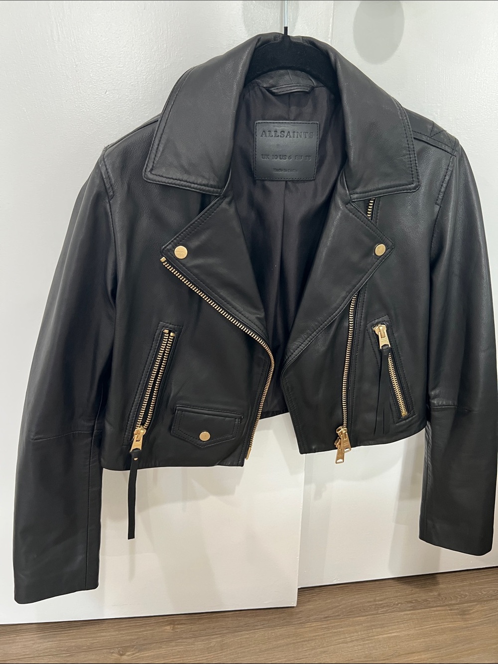 All Saints Black Cropped Leather Moto Jacket with Gold Hardware